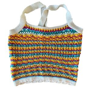 Pink Lily Colorful Striped Crochet Knit Crop Tank Top XS